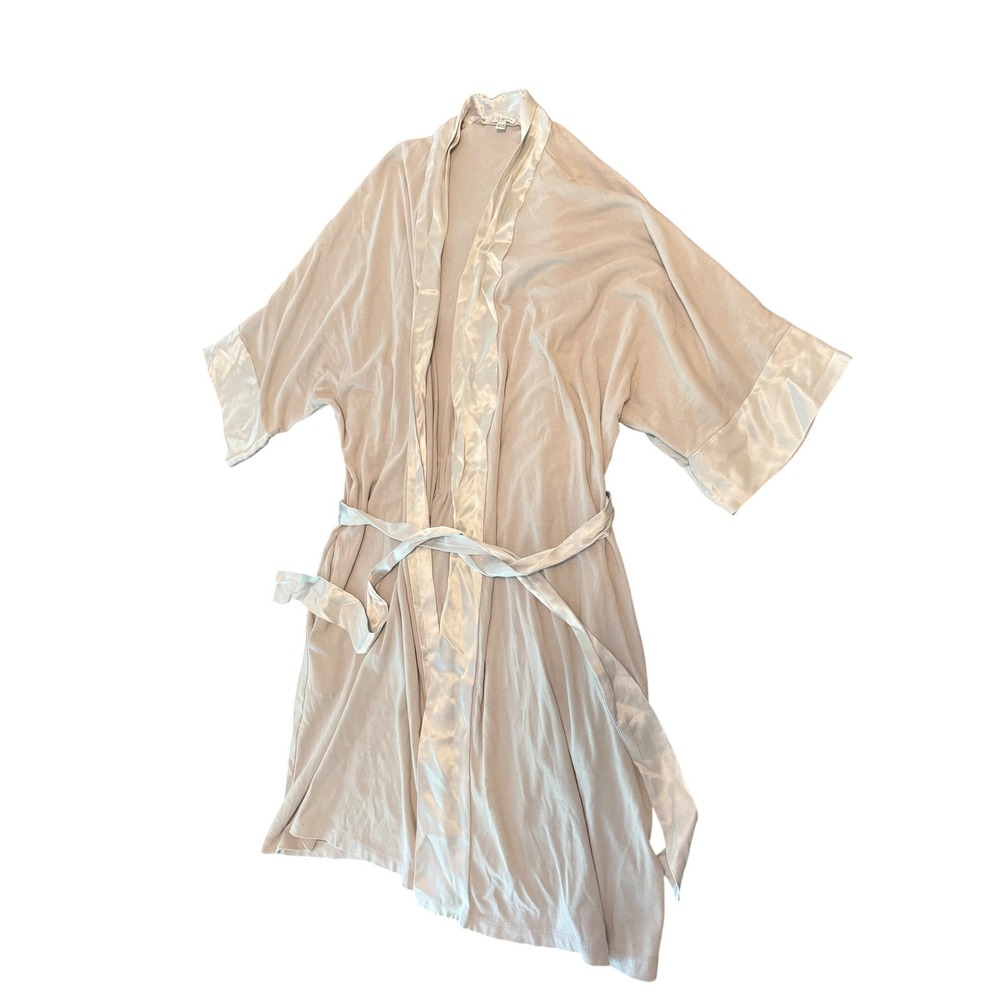 Shala Women Beige Ribbed Supima Cotton Modal Wrap Robe Satin Trim Made in USA